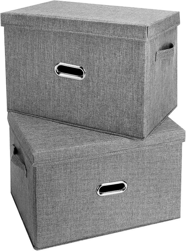 Photo 1 of Large Linen Fabric Foldable Storage Bins with Removable Lid and Handles, Washable Storage Box Organizer Containers Baskets Cube with Cover for Bedroom,Closet,Nursery (Grey, XXL(2-Pack))