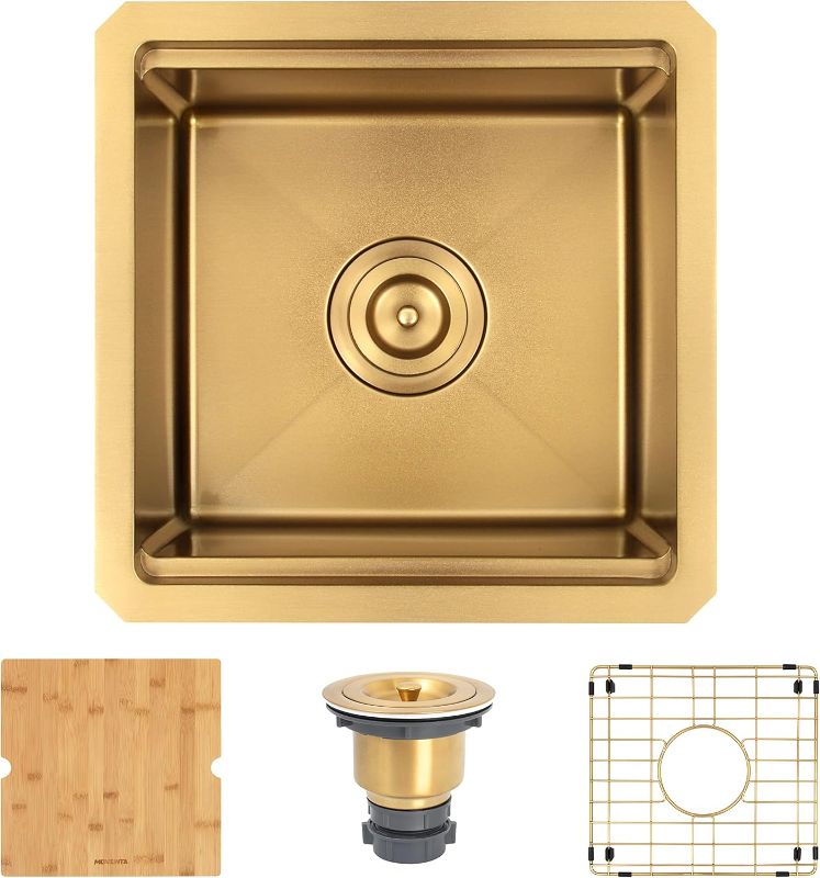 Photo 1 of Bar Sink,15 Inch Undermount Gold Kitchen Sink, 15" x 15" x 10" Small and Deep Single Bowl Kitchen Sinks For Bar and RV, 16 Gauge Stainless Steel Workstation Sinks with Gold Accessories