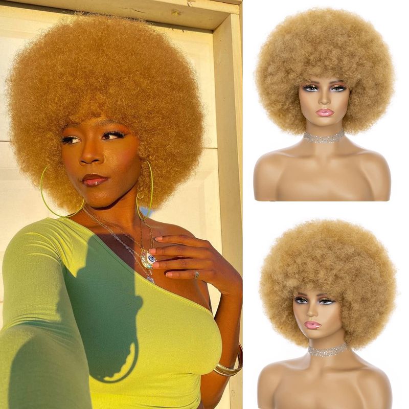 Photo 1 of Afro Wig For Women - Blonde Soft 70s Afro Kinky Curly Hair Wigs With Bangs Natural Looking Short Afro Curly Wig Bouncy Brown Afro Puff Wig Synthetic Hair Big Afro Wig For Daily Party Use