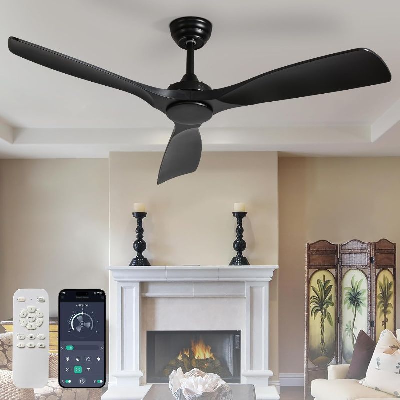 Photo 1 of Ceiling Fan Without Light: 52 Inch Outdoor Fan for Patios - Black Ceiling Fan No Light Indoor - Modern 3 Blade Fan with Remote APP Control Reversible 6 Speed Noiseless
