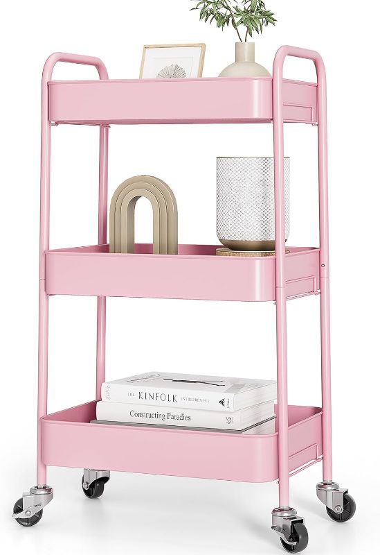 Photo 1 of TOOLF 3-Tier Metal Rolling Cart with Wheels, Storage Utility Organizer Cart for Kitchen, Bathroom, Office, Baby Essentials & Makeup - Lockable Casters, Easy Assembly, 132 lbs Capacity, Pink
