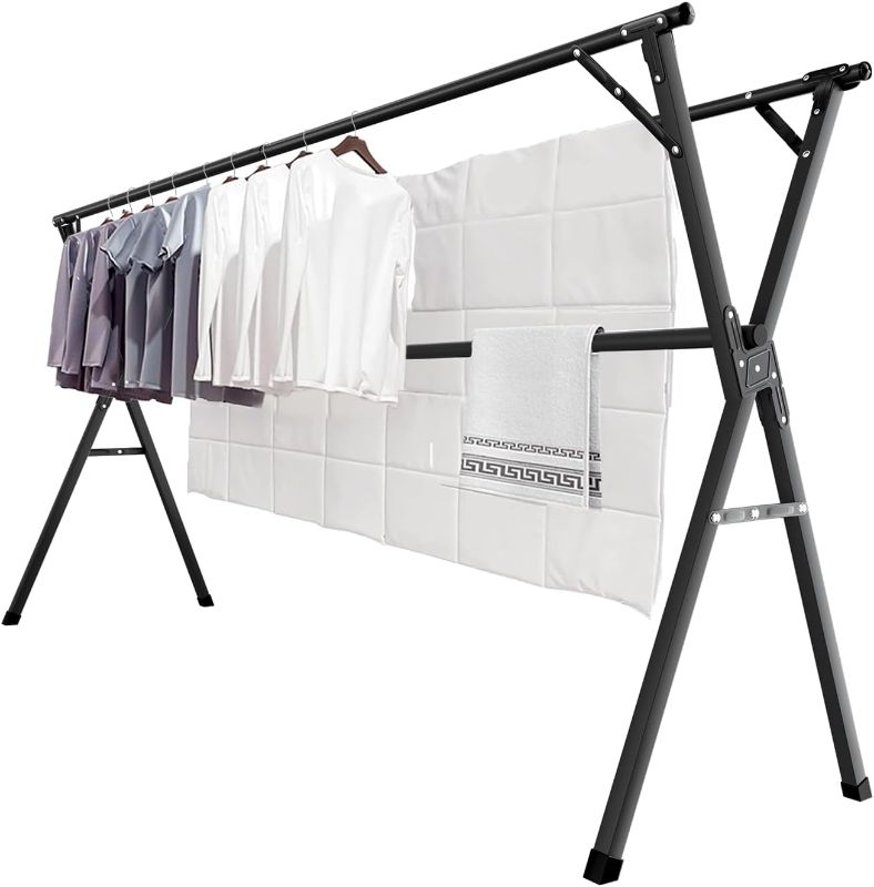 Photo 1 of JAUREE 95 Inches Clothes Drying Rack, Drying Rack Clothing Folding Indoor Outdoor, Heavy Duty Stainless Steel Laundry Drying Rack, Foldable Portable Clothes Rack Garment Rack with 20 Hooks Black