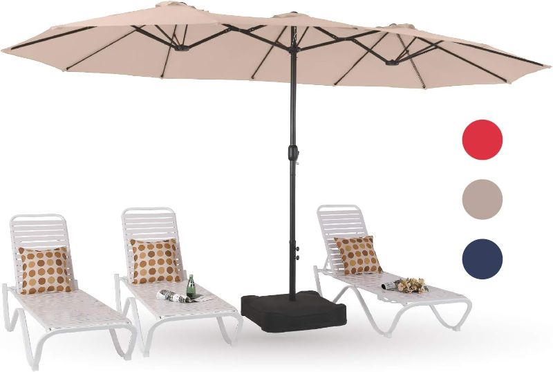 Photo 1 of 15ft Large Patio Umbrellas with Base Included, Outdoor Double-Sided Rectangle Market Umbrella with Stand, Outside Umbrellas for Poolside Lawn Backyard, Beige