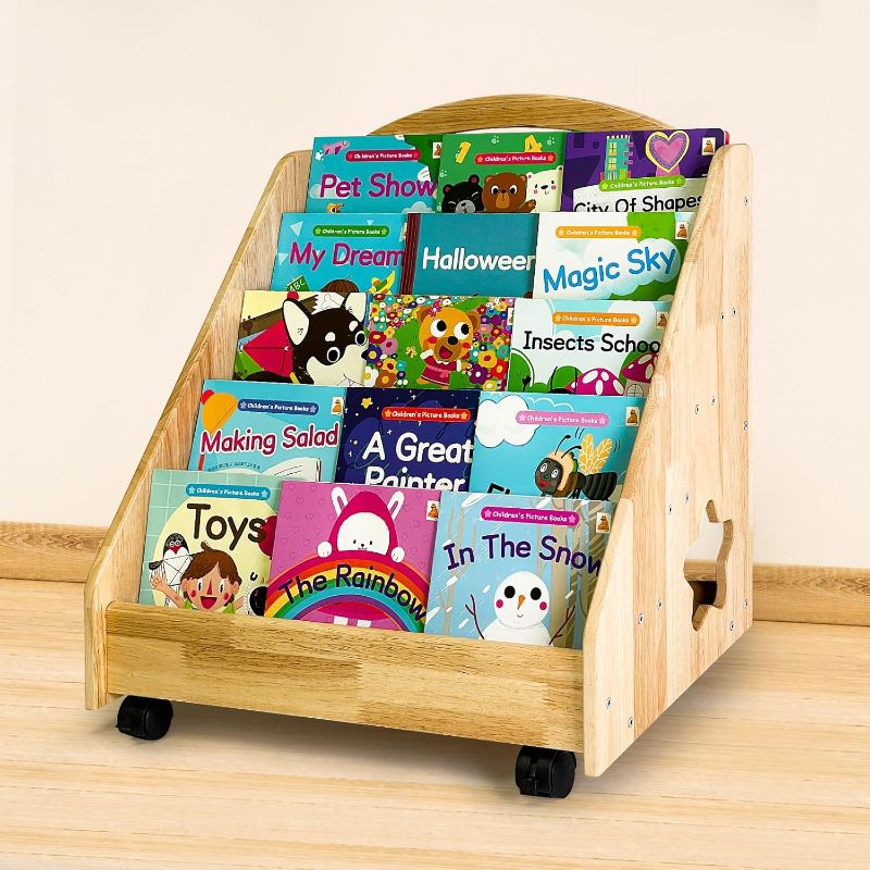 Photo 1 of Montessori Bookshelf for Toddler 1-5 Years, 5 Tier Front-Facing Natural Wood Kids Bookcase with Handle and Wheels, Children's Storage Magazine Rack with Chalkboard for Nursery, Classroom, Playroom