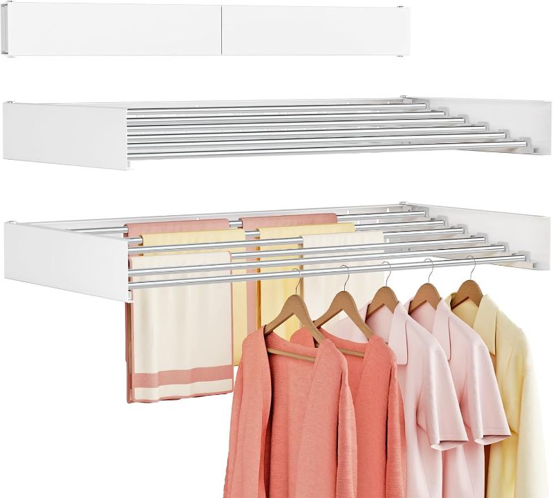 Photo 1 of Wall Mounted Clothes Drying Rack Folding Indoor, Foldable Laundry Drying Rack Collapsible,Invisible, Space Saving, Retractable Towel Drying Rack, with Wall Template(6 Drying Rods, White 40")