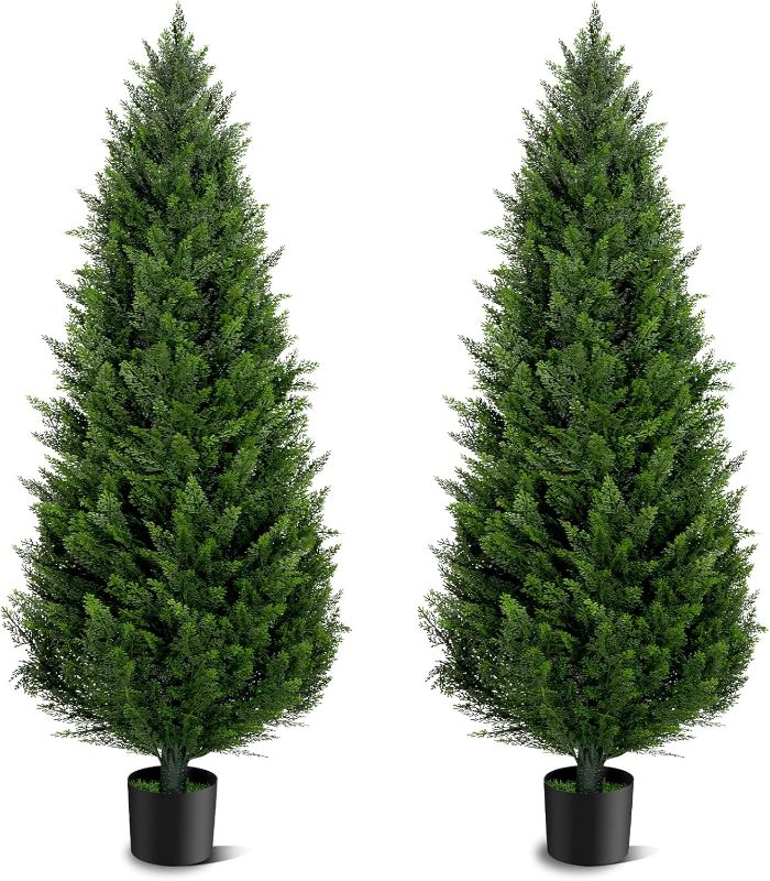 Photo 1 of 5FT Artificial Topiary Cedar Trees Outdoor Set of 2 Faux Pine Potted Plants 60'' UV Resistant Long Lasting Evergreen Fake Cypress Shrubs for Home Front Porch Patio Decor