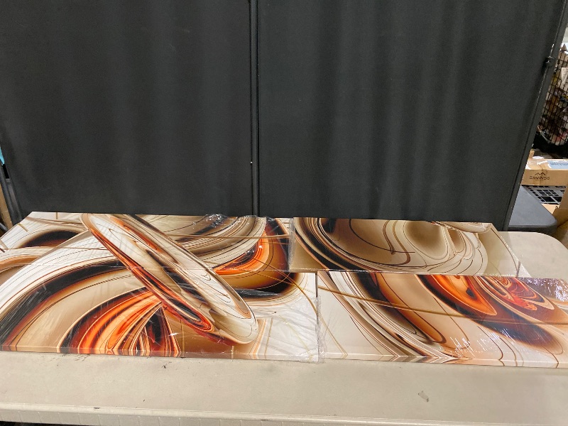 Photo 1 of KREATIVE ARTS 4-Panel Abstract Wall Art - Orange, Brown, & White Lines Painting, Canvas Print, Modern Home Decor & Gift Idea