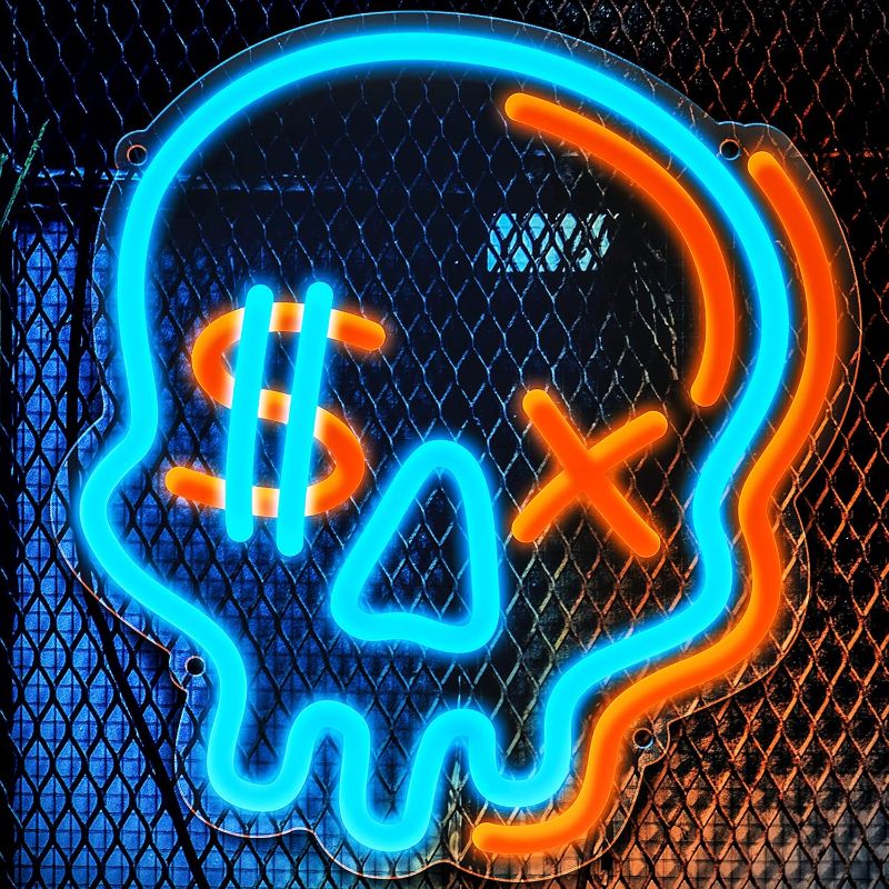 Photo 1 of Eufrozy Skull Neon Sign for Wall Decor Halloween, 6 Dimmable Skeleton Skull Neon Light USB Powered, Blue Led Sign for Bedroom/Cute Halloween Decorations/Teenage/Boy/Room Decor/Man Cave/Gamer/Kids