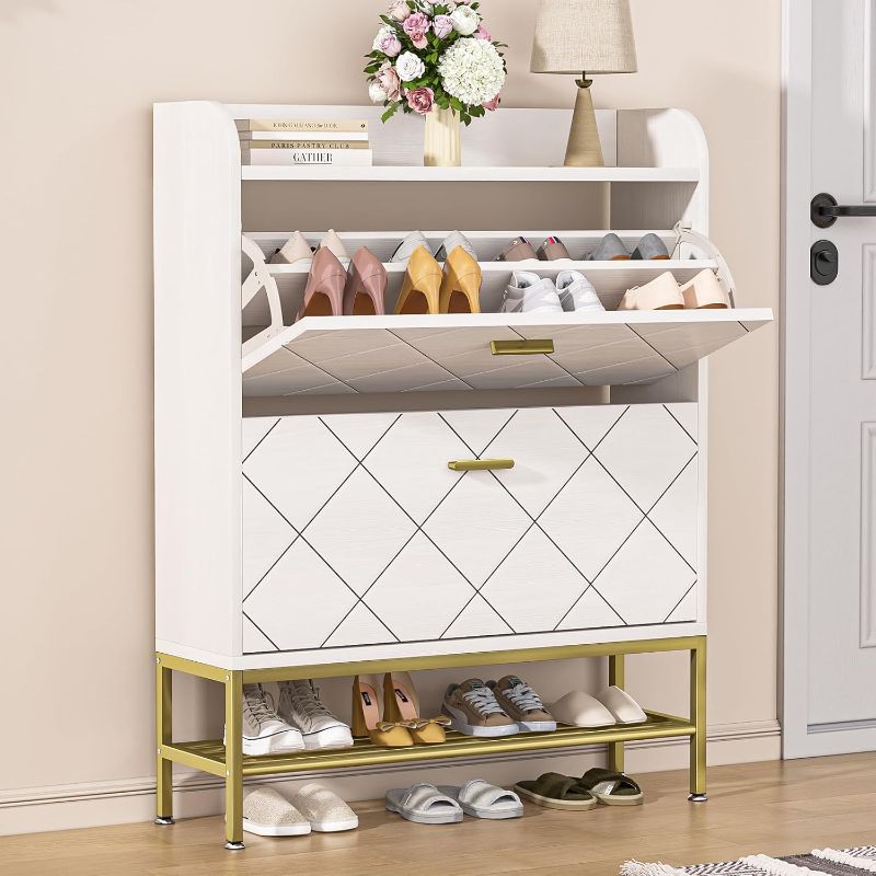 Photo 1 of VTRIN Cabinet With 2 Flip Drawers, Wooden Shoe Organizer, Modern Sturdy Hidden Rack With Metal Legs, Narrow Storage for Entryway, White
