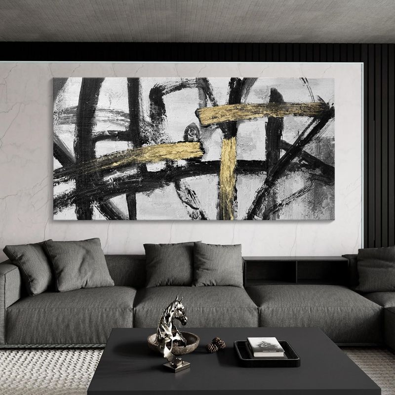 Photo 1 of Large Black and White Wall Art, Modern Paintings Gold Abstract Graffiti Canvas Artwork Wall Pictures for Living Room Bedroom Dining Room Home Office Decor 24x48 In