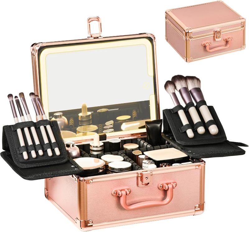 Photo 1 of Makeup Case with Lighted Mirror, Makeup Box Organizer with Detachable LED Mirror, Travel Makeup Train Case, Waterproof Cosmetic Organizer, Standing Makeup Brush Holder, Gift, Rose Gold