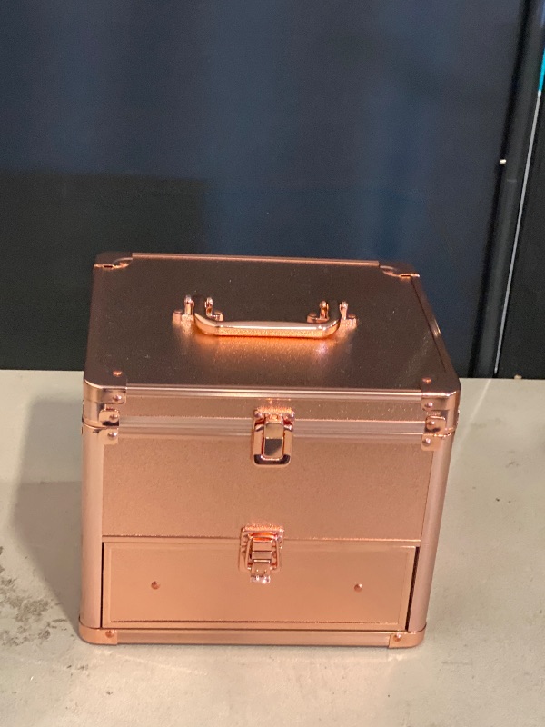 Photo 1 of Makeup Case with Lighted Mirror, Makeup Box Organizer with Detachable LED Mirror, Travel Makeup Train Case, Waterproof Cosmetic Organizer, Standing Makeup Brush Holder, Gift, Rose Gold