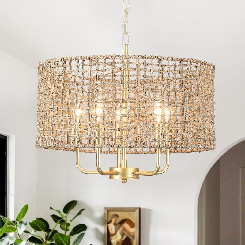 Photo 1 of Rattan Woven Boho Chandelier Light Fixture for Dining Room 5 Light, 18.8'' Gold Hand Woven Drum Wicker Light Fixture Ceiling Hanging, Coastal Rattan Pendant Light for Living Room Entryway Bedroom