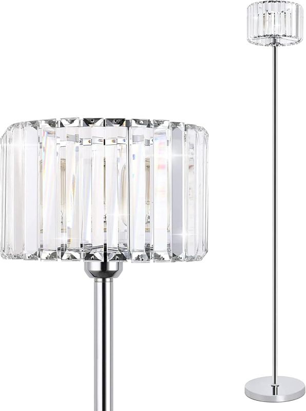 Photo 1 of Chrome Crystal Floor Lamp for Living Room, Modern Elegance Crystal Floor Lamp for Bedroom, On/Off Foot Switch, Reading Corner Lamp for Office Cafe, E26 Bulb Excluded, Max 60W, Chrome Finish