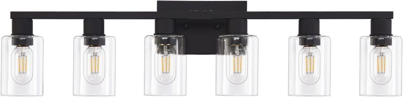 Photo 1 of 6 Light Bathroom Vanity Light, Matte Black Vanity Light Fixtures, Large Vanity Lights for Bathroom, Farmhouse Light Fixtures with Clear Glass Shade for Bathroom Over Mirror