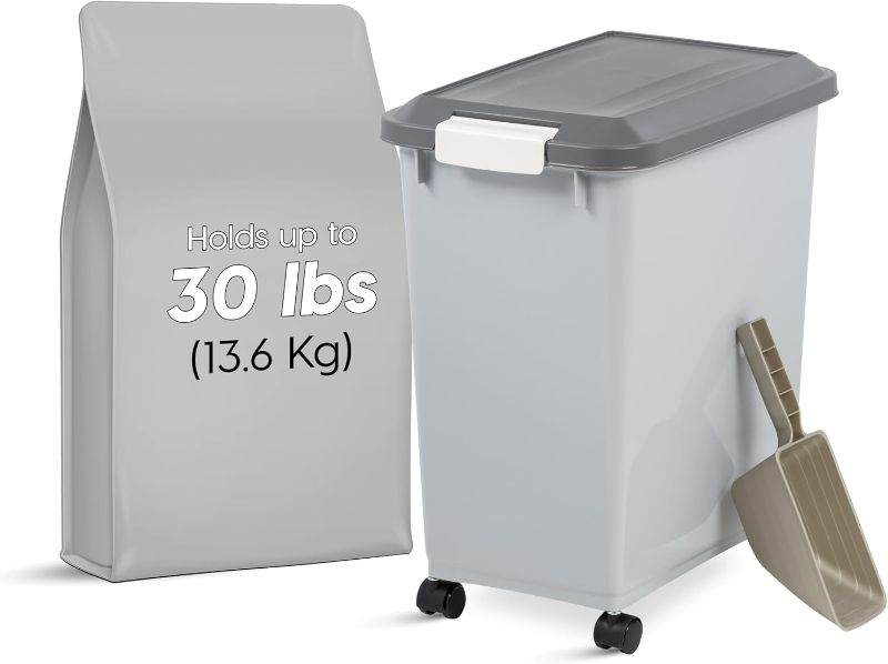 Photo 1 of  Dog Food Storage Container with Wheels, Airtight Lid, 2-Cup Scoop, Up to 30 Pounds Pet Food Storage, Built in Scoop Storage in Lid, Versatile Pet Food Bin, Portable, BPA Free, Gray/Dark Gray