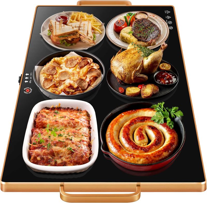 Photo 1 of Warming Trays for Buffets Party (XXL 32"x18"),Warming Mat for Food with Thermostat & Full Surface Heating, Counter Temperature Adjustable Food Warming Mat with Gold Handles for GIfts,All Year Use