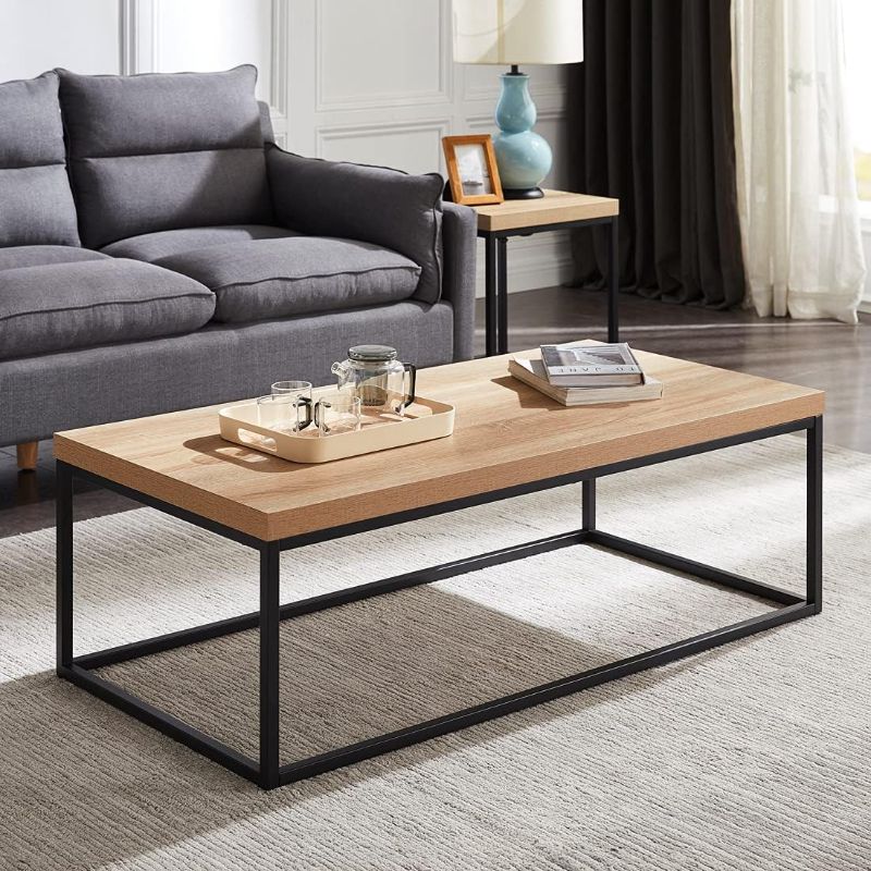 Photo 1 of CENSI 47-Inch Natural Oak Coffee Table for Living Room, Modern Industrial Rectangular Wood and Metal Center Table with Extra Thick Tabletop (Natural Wood)