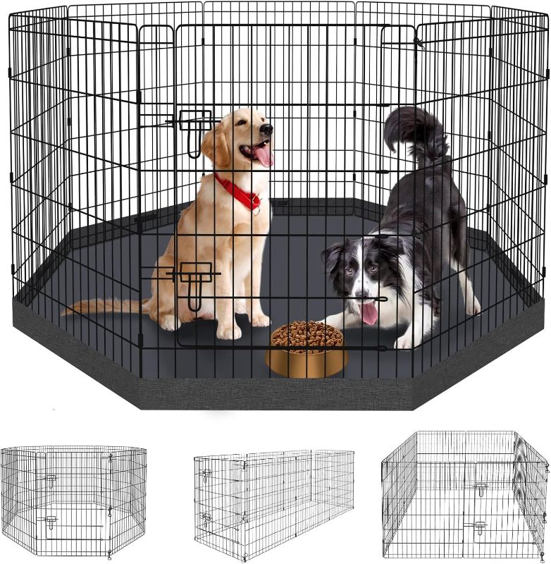 Photo 1 of Dog Pen Pet Playpen Dog Fence Indoor Foldable Metal Wire Exercise Puppy Play Yard Pet Enclosure Indoor Outdoor 8 Panels 36 Inch with Bottom Pad/Top Cover(Black 36 Bottom Cover)