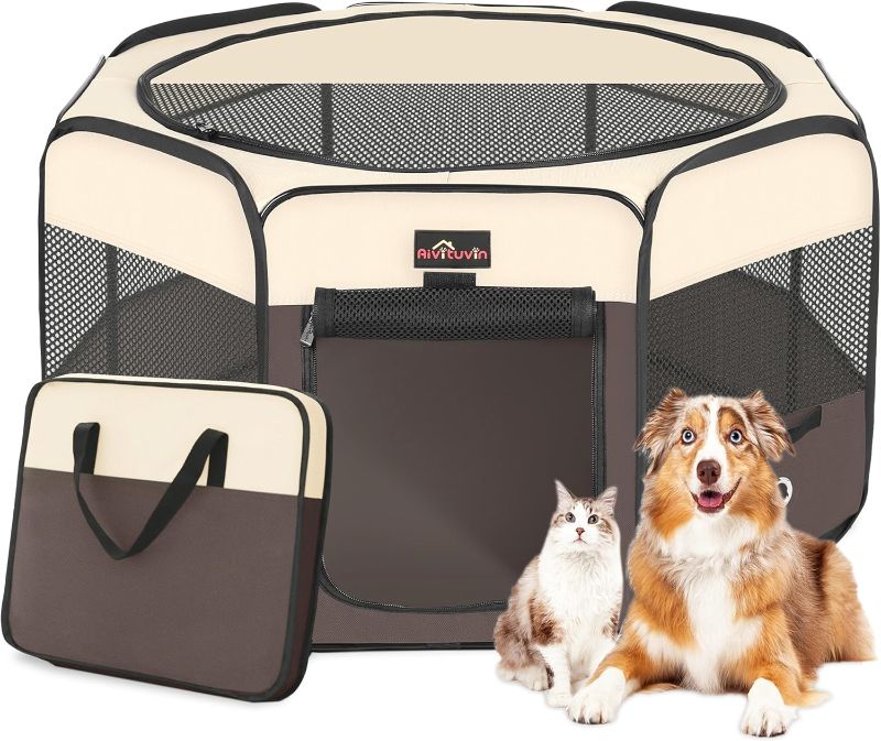 Photo 1 of Aivituvin Dog Playpen, Foldable Pet Play Pens with Carrying Bag for Cat, Puppies, Rabbits, Portable Dog Tent Crates Cage for Travel Camping Indoor Outdoor, Removable Shade Cover, Brown L