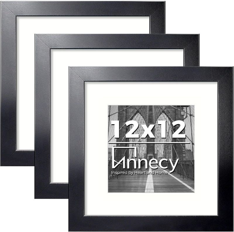 Photo 1 of Annecy 12x12 Picture Frame Set of 3, Display Pictures 8x8 with Mat or 12x12 Without Mat, Stable and Sturdy 12 x 12 Frame and Polished Plexiglass, Black
