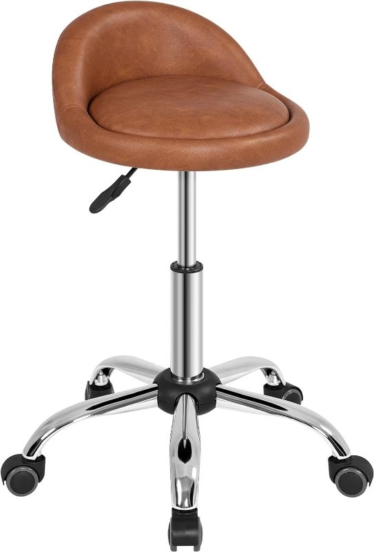 Photo 1 of Yaheetech Rolling Stool Adjustable Swivel Stools Chair with Wheels & Back Support Round Tattoo PU Leather Salon Stools for Massage Spa, Retro Brown