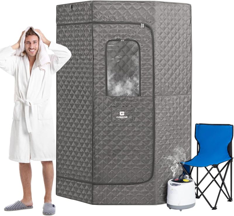 Photo 1 of COSVALVE Portable Steam Sauna, Personal Full Body Home Sauna Tent, Indoor Sauna Box for Home Relaxation with 4L 1600W Steam Generator, Remote Control, Timer, Foldable Chair (31.5L*31.5W*67''H)
