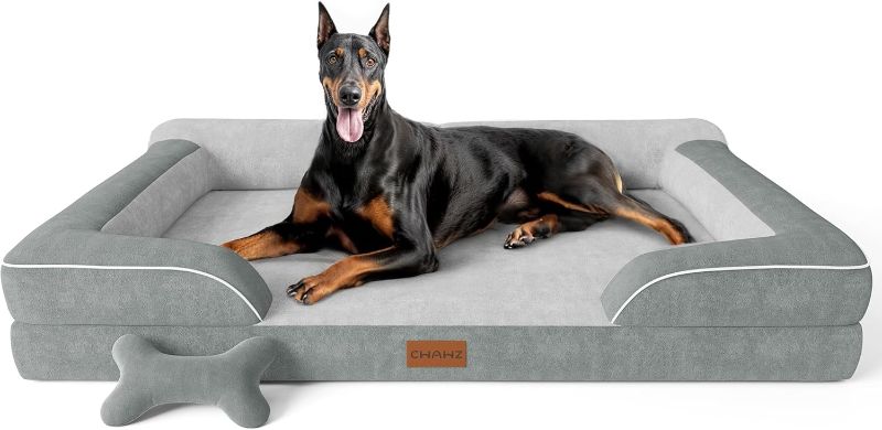 Photo 1 of XXL Dog Bed for Extra Large Dogs, Giant Orthopedic Dog Bed with Cooling Gel Memory Foam, Waterproof Pet Bed with Removable Washable Cover, 53" Pet Sofa bed Dutch Velvet with Bone Toy, Light Gray