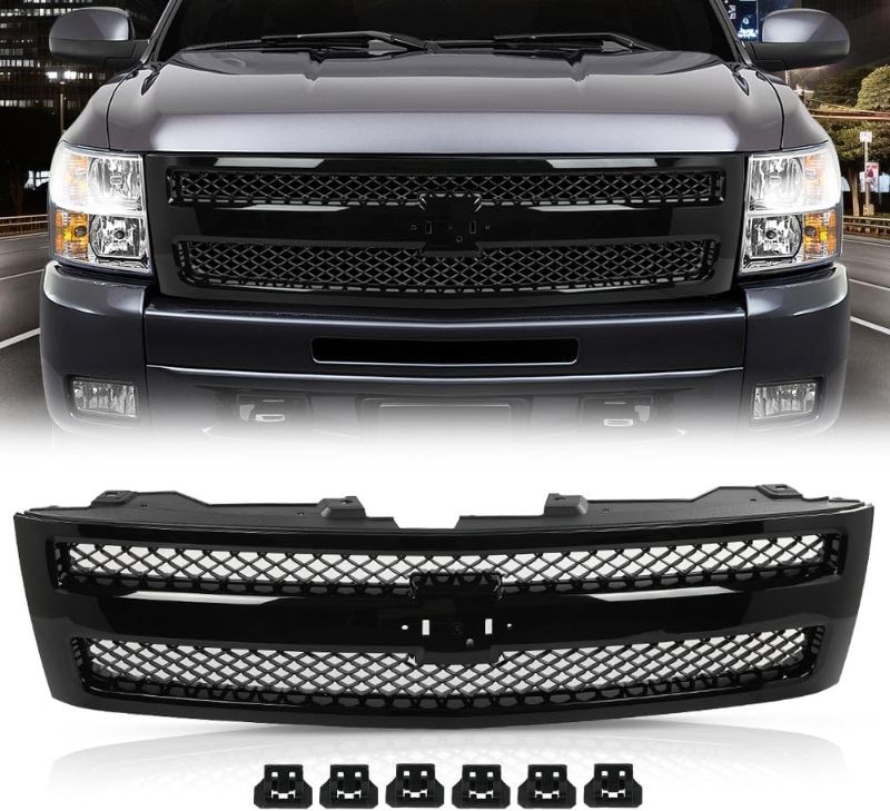 Photo 1 of G-PLUS Black Truck Grill Compatible with Chevy Silverado 1500 Hybrid 2009-2013/Fit Silverado 1500 XFE 2010-2013/Fit Silverado 1500 LS LT LTZ WT 2007-2013 25810707, 19303978 Front Bumper Grille Insert