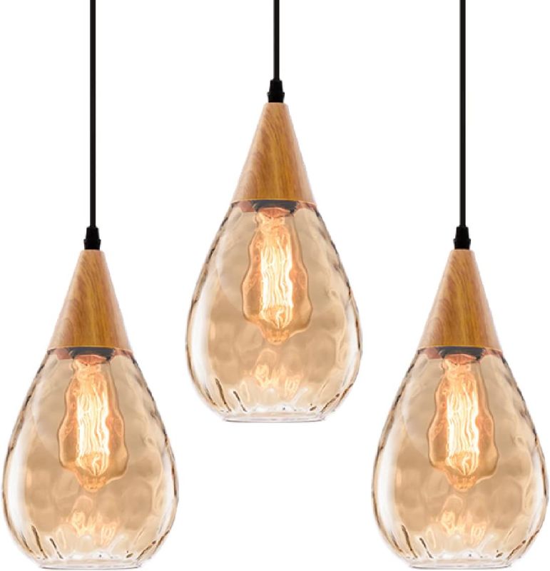 Photo 1 of 3 Packs Pendant Light with Teardrop Glass Adjustable Nylon Core Contemporary Medium-Ceiling Lights for Kitchen Island Coffee Table Work Area Dining Room(Bulb Not Included)