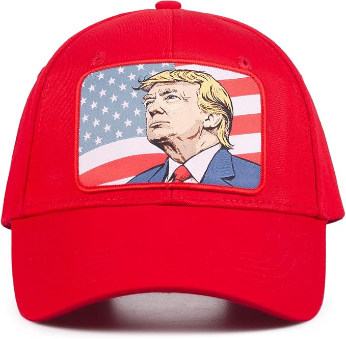 Photo 1 of Trump Portrait Baseball Cap with American Flag Design - Red Patriotic Adjustable Hat for Men & Women