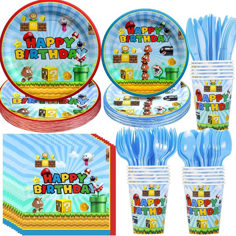 Photo 1 of Super Cartoon Brother Birthday Decorations Tableware - Super Theme Brother Birthday Party Supplies, Paper Plate, Napkin, Cup, Disposable Cutlery, Super Video Game Party Decorations | Serve 24