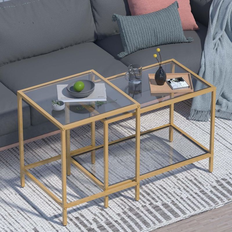 Photo 1 of Coffee Table Set of 2,Gold Glass Nesting Coffee Side End Table,Square Modern Center Table for Living Room,Bedroom and Small Spaces,Tempered Glass-top with Sturdy Metal Frame, Easy Assembly