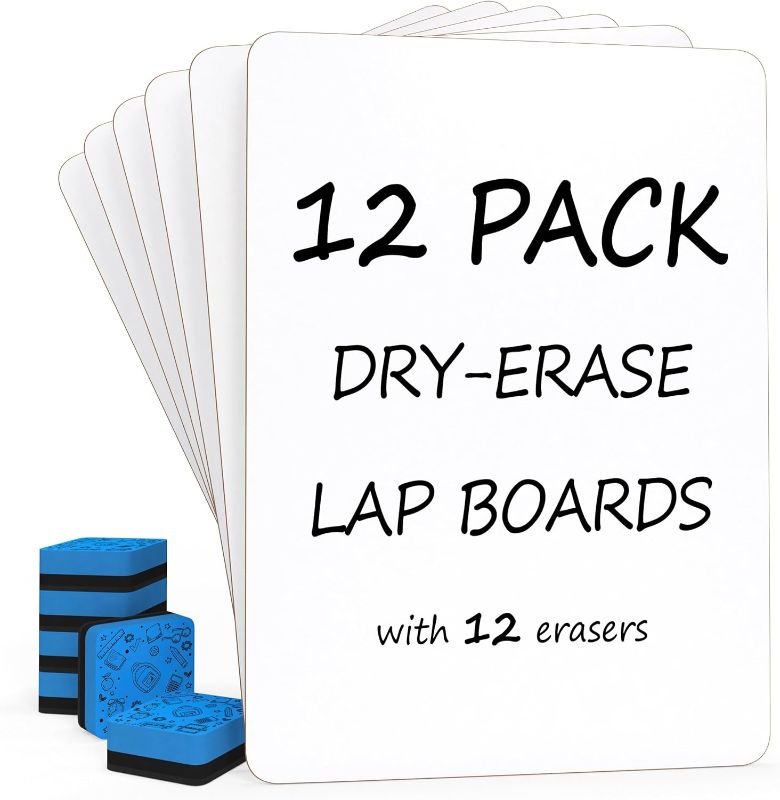 Photo 1 of Set of 12 Small White Board Dry Erase Boards Classroom Pack Mini White Boards 9"x12” Double Sided Personal Whiteboards for Students Teachers School Supplies Lapboards l 12 Mini Whiteboard Erasers Incl