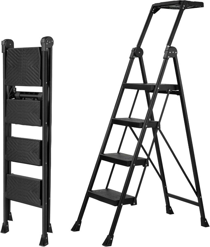 Photo 1 of XinSunho 4-Step Ladder, Foldable Handrail & Tool Tray Stool Ladders with Anti-Slip Wide Pedal, 660 lbs Sturdy Steel Ladder for Home, Kitche,n and Outdoor