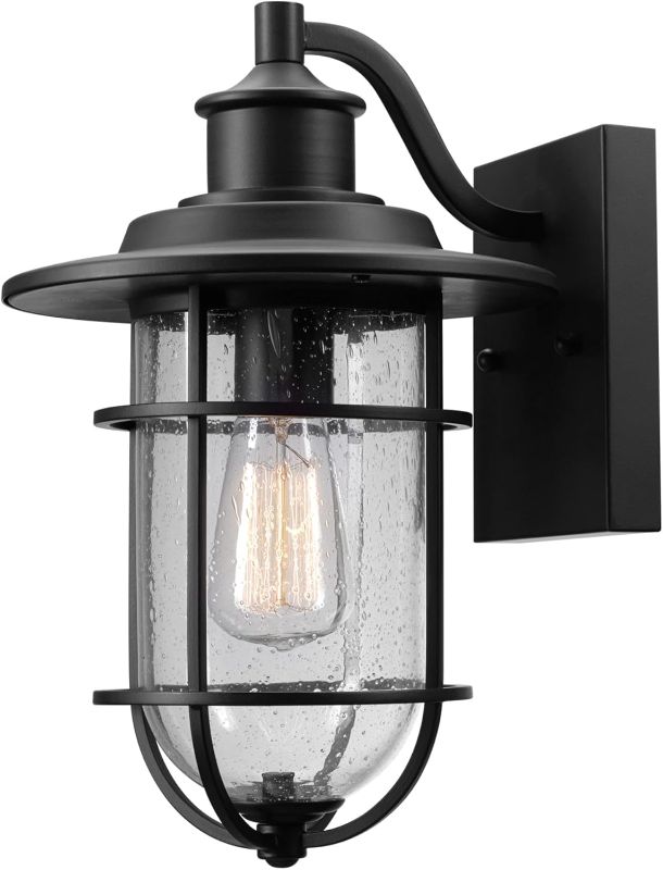 Photo 1 of Globe Electric 44094 1-Light Outdoor/Indoor Wall Sconce, Black, Seeded Glass Shade, Back Porch Lights, Front Patio, Garage Fixture, Exterior Lighting for House