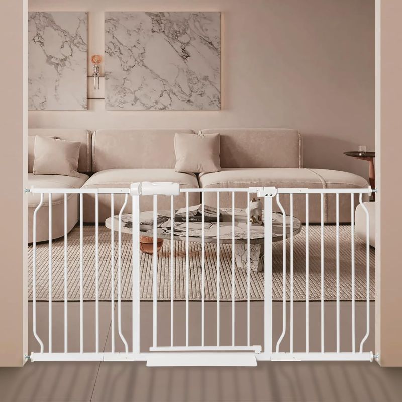 Photo 1 of Extra Wide Baby Gate with Door Pressure Mounted 57.48-62.20 Inch,Child Baby Gates for Doorways No Drilling,Walk Through Dog Gate Indoor for The House Kitchen Stairs,White