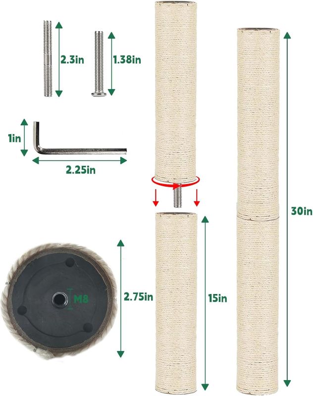 Photo 1 of BNOSDM 2 Pcs 15”x2.75” M8 Cat Tree Scratching Post Replacement Parts for Indoor Cats Tower Rope Scratch Poles Refill Sisal Part for Refurbishment Hemp White