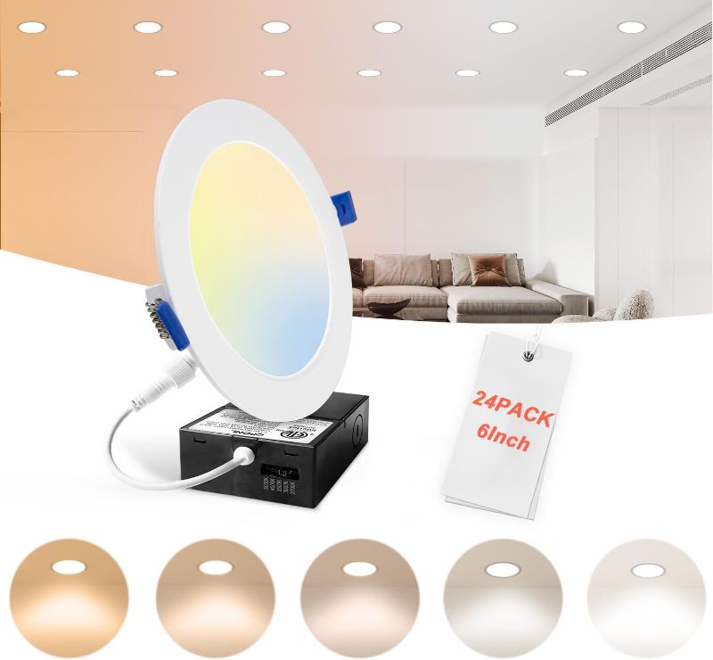 Photo 1 of 24 Pack 6 Inch LED Recessed Lighting with Junction Box, 5CCT Ultra-Thin Recessed Light, 1100LM High Brightness, Dimmable Canless Wafer Ceiling Light, 11W, FCC&ETL