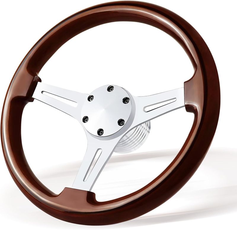 Photo 1 of 13.8" Boat Steering Wheel with 3/4" Tapered Shaft, 6 bolts Wood Grain Classic Nostalgia Boat Steering Wheel for Seastar and Verad, for Marine Boats, Yacht,Vessels,Pontoon Marine-Mirrored-silver