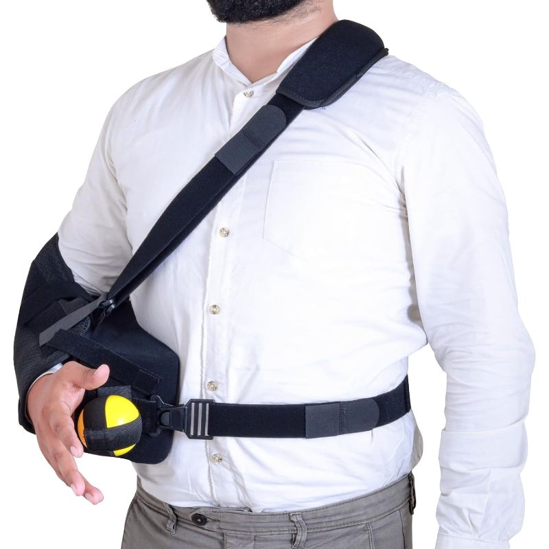 Photo 1 of Medium DR FRANKLYN'S Arm Sling Shoulder Immobilizer for Rotator Cuff Pain Relief, Surgery & Broken Arm- Shoulder Abduction Pillow for Injury Support - Brace Includes Pockets-Foam Stress Ball and Wedge