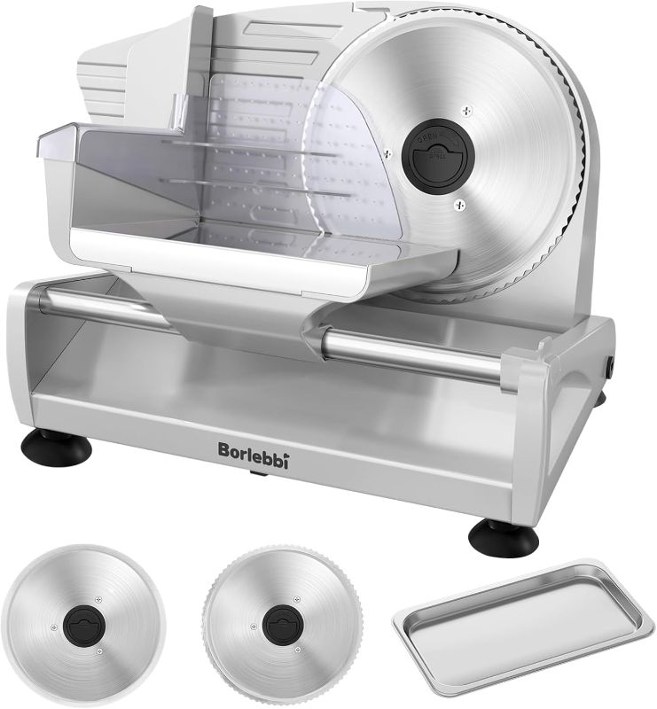 Photo 1 of Meat Slicer, 200W Meat Slicer Machine for Home, DC Motor Quiet Deli Slicer with 2 Removable 7.5'' Stainless Steel Blades, Adjustable Dial for 0-15mm, Electric Food Slicer for Meat, Cheese, Bread