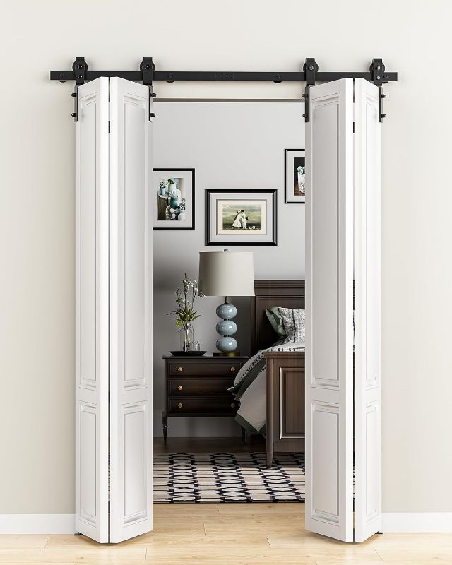 Photo 1 of 60'' Bifold Barn Door Hardware Kit, 5ft Side Mount Bi-Folding Track Kit, Slide Smoothly Quietly, Fit Four 14'' Closet Doors, Easy Install (Panel Not Included)