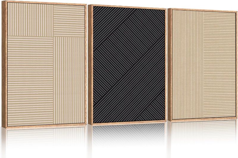 Photo 1 of KAIRNE Minimalist Line Framed Canvas Wall Art Set, Beige Textured Wall Decor, Neutral Illustration Wall Painting, Modern Brown and Black Art Painting for Living Room, Bedroom, Office - Large 16"x24"x3