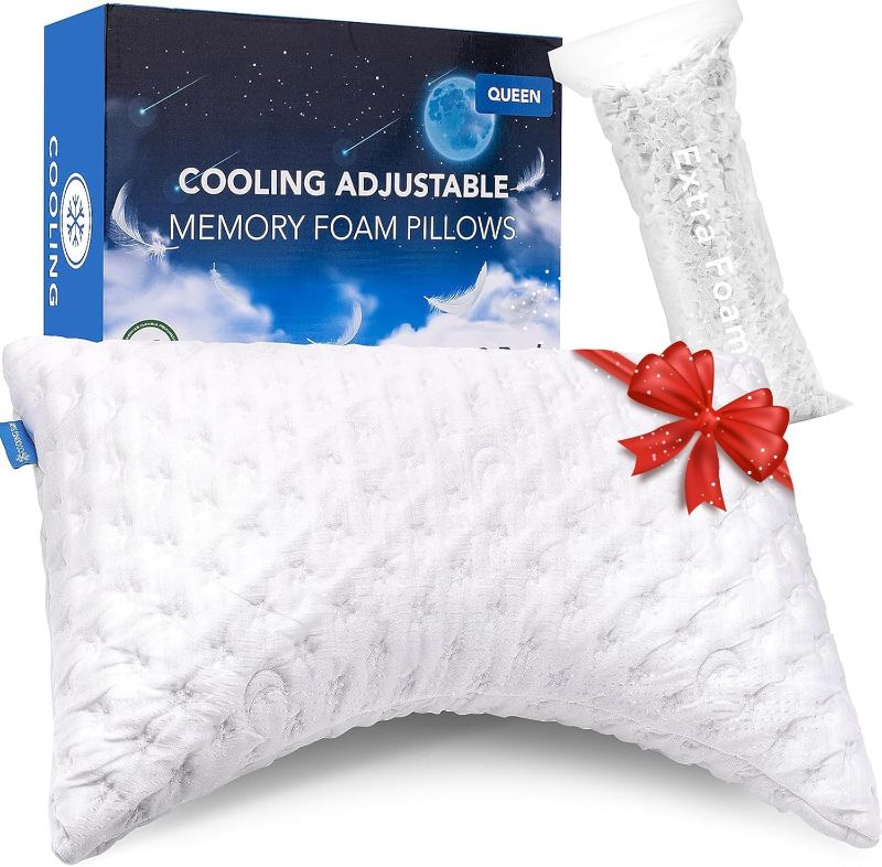 Photo 1 of Cooling Side Sleeper Pillow for Neck and Shoulder Pain, Luxury Shredded Memory Foam Curved Bed Pillows for Sleeping Set of 1- Adjustable Queen Size- Washable Cover Crescent White