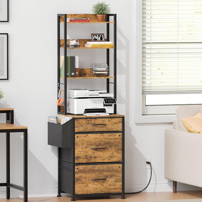 Photo 1 of 3 Fabric Drawer File Cabinet with Charging Station, 4-Tier Tall Filing Cabinet with Adjustable Bookshelf, 69''H File Cabinet for Home Office Fits A4/Letter/Legal, Rustic Brown