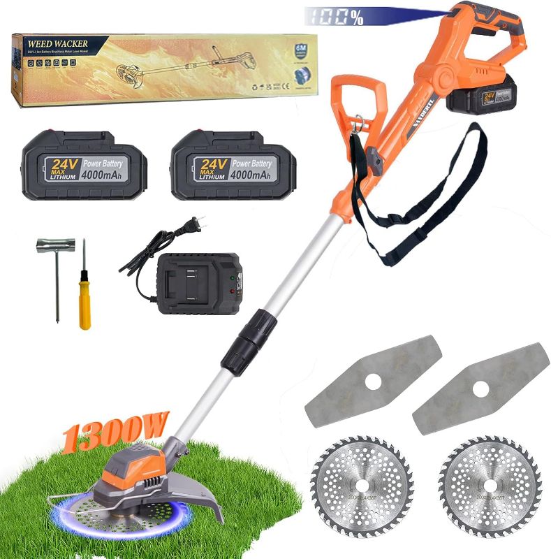 Photo 1 of Electric  Wacker Cordless Eater 24V Battery Powered Brushless Brush Cutter with 2X4.0Ah Batteries Fast Charger Lightweight Grass Trimmer 2 Types Blades for Lawn Yard Garden