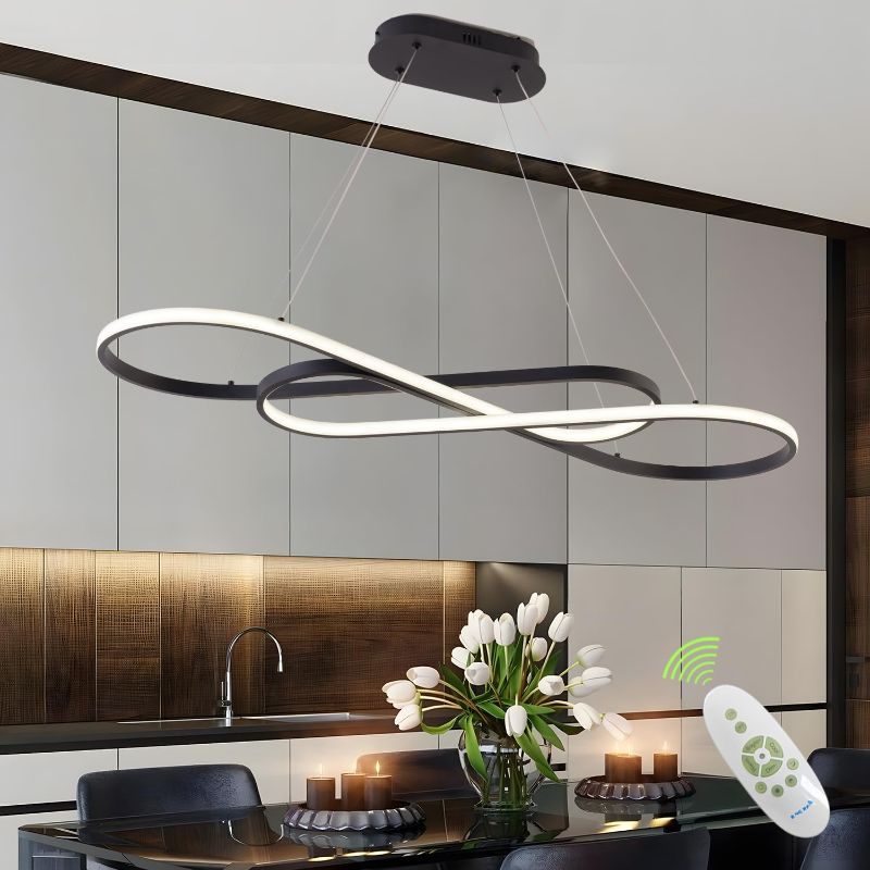Photo 1 of LED Chandelier,39.4inch Modern Led Pendant Light with Remote,Dimmable Black Chandelier for Dining Room,Adjustable Height 45W Aluminium Contemporary Ceiling Hanging Light Fixture for Kitchen