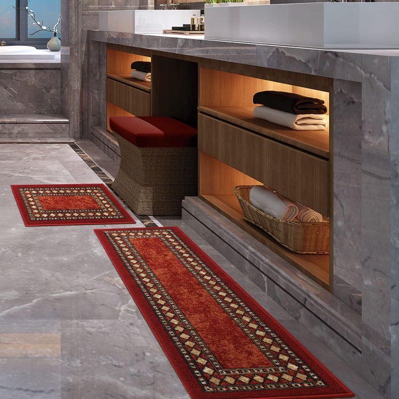 Photo 1 of Antep Rugs Alfombras Modern Bordered 2pc Non-Skid (Non-Slip) Low Profile Pile Rubber Backing Indoor Kitchen Runner Rugs (Maroon Beige