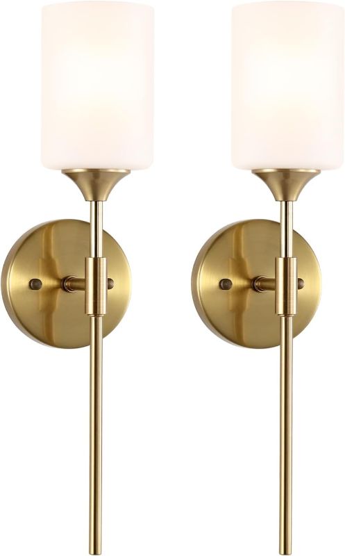 Photo 1 of Gold Wall Sconce Set of 2 with White Cylinder Glass Shades Modern Mid Century Bathroom Vanity Wall Light Fixtures Industrial Brushed Brass Wall Lamp for Bedroom Mirror Living Room Restaurant